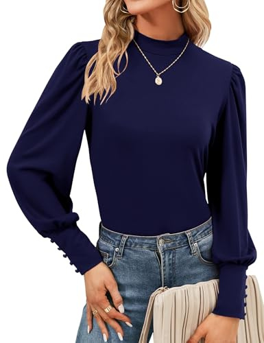 Tisfeer Womens Long Sleeve Turtleneck Tops Puff Sleeves Blouse Casual Shirt Button Cuffs Ladies Fall Tunic