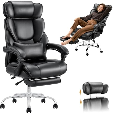 COLAMY Executive Office Chair for home - Ergonomic High Back Desk Chair with Footrest, PU Leather Computer Chair with Removable Lumbar Pillow(Black)