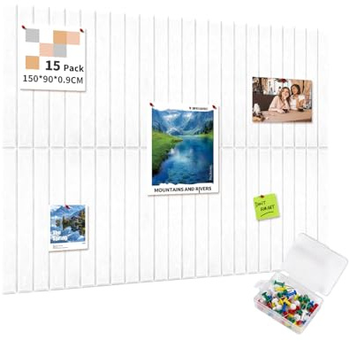 AsmeSonic Tableau Liège Adhésif 150x90cm, 15 Panneaux 70 Épingles, Blanc | Décoratifs en Liège 30x30cm, Tableau Photo Tableau d'Affichage pour Bureau Cuisine, Décoration Murale Photos Mémos