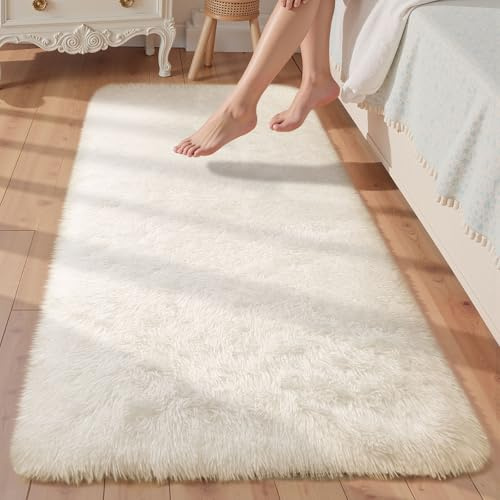 Treeboy Flauschiger Wohnzimmerteppiche Teppich 60 x 220 cm Creme Läufer Rug | Läufer für Wohnzimmer, Schlafzimmer, Flur, waschbar & rutschfest, weiche zottelige Matte, kinderfreundlich, modernes Design