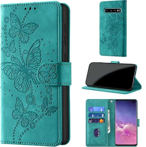 Handyhülle für Samsung Galaxy S10 Plus Hülle, Türkis | Klappbar Premium PU Lederhülle, RFID Schutz, Stoßfeste, Kartenfach, Standfunktion, Magnetverschluss, Leder Prägung, Flip Case