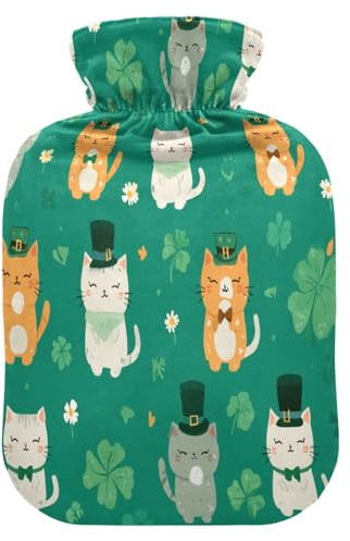 Lucky Clover Cat Hot Cold Water Bottle with Fleece Cover PVC Hot Water Bag 1 Liter