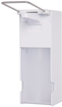 Blanc HYGIENIC Desinfektionsspender FIX – Armhebel-Spender mit Edelstahl-Bedienhebel, Euro Spender inkl. Leere 1 Liter Flasche zum Selbstbefüllen, Spender mit langem Bedienhebel, Weiß