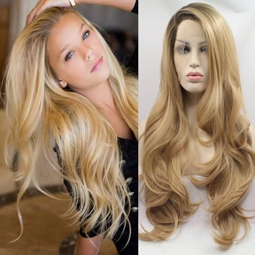 Xiweiya Perücke, lang, natürliche Wellen, Ombré-Stil, braun/blond, synthetische Spitze, Seitenteil, hitzebeständige Fasern, für Damen 61cm