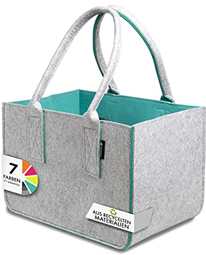 Shopping Bag aus Filz, große Einkaufs-Tasche mit Henkel, Einkaufskorb, faltbare Kaminholztasche zur Aufbewahrung von Holz, vielseitige Tragetasche auch für Spielzeug, Farbe grau/türkis