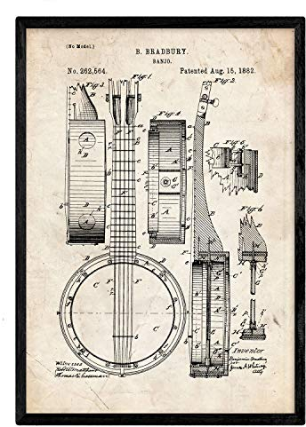 Nacnic Vintage Banjo Patent Poster. Vintage Stil Wanddekoration Abbildung von Musik und Instrumenten. Verschiedene geometrische Alte Erfindungen Bilder ohne Rahmen. Größe A3.