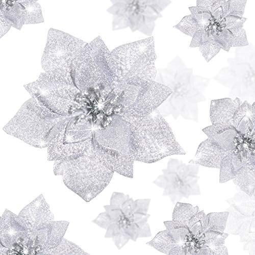 24 Stück Funkeln Weihnachtsstern Künstliche Weihnachten Blumen Weihnachtsstern Dekorationen Hochzeit Weihnachtsbaum Ornamente, 3/4/ 6 Zoll (Silber)