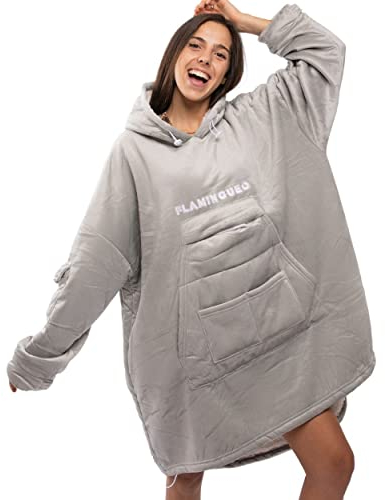 Flamingueo Decken Hoodie - Decke Mit Ärmeln Und Kapuze, Deckenpullover, Blanket Hoodie, Wärmedecke, Decke Mit Ärmeln, Hoodie Decke Damen (Grau)