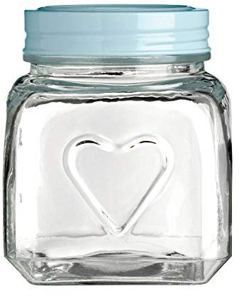 Premier Housewares Stylish Embossed Heart 900Ml Glass Jar With Aqua Blue Lid | Functional Glass Jar For Kitchen Storage | Airtight Lid Glass Jars For Storing Ingredients