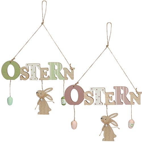 COM-FOUR® 2x Türschild Ostern - Deko-Schild aus Holz für Ostern - Osterdeko mit Hasen und Ostereier - Zum Aufhängen an Haustüren, Wände, Fenster (grün/rosa - 2 Stück)