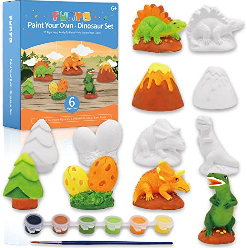 Funto Kit de pintura de dinosaurios, 13 piezas de arte y manualidades para niños, juguetes de bricolaje, regalo para niños y niñas a partir de 3 años, con 6 figuras, 6 macetas de pintura, 1 pincel