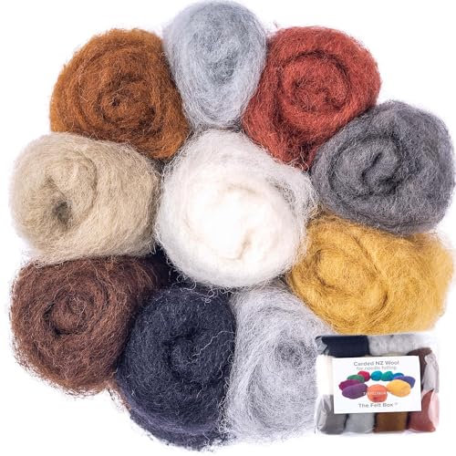 The Felt Box Needle Felting Wool – 10 Grey-Brown Shades Pack (100g Total) – Carded Batting for Core or Finish – Coarse Wool for Animal Fur, Woodland Crafts & Realistic Sculpting