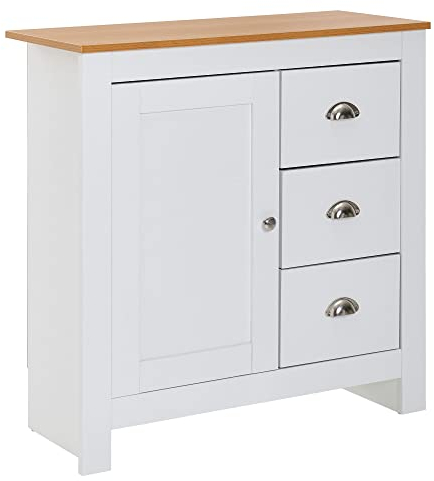 FineBuy Sideboard mit 3 Schubladen 79x81x35 cm Kommode Weiß/Eiche Modern, Design Anrichte Hoch mit Tür, Schubladenkommode Wohnzimmer