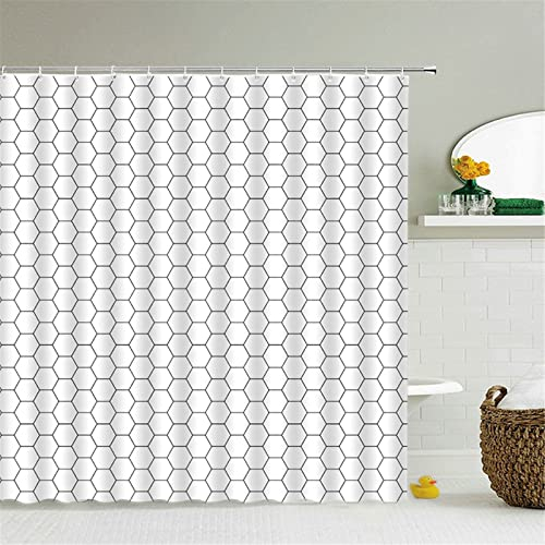 3D Duschvorhang Weißes Sechseck Muster Waschbar Badewanne Vorhang 12 C-förmigen Kunststoffhaken Wasserdicht duschvorhänge, für Badewanne und Bathroom Dekoration- 200x200cm