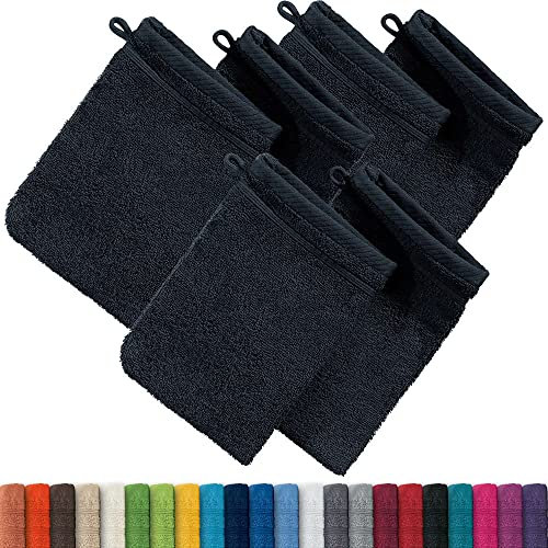 Erwin Müller Waschhandschuh Heidelberg 6er- Pack, 100% Baumwolle schwarz Größe 15x21 cm - weiche Qualität, saugstark und strapazierfähig - praktisch durch Schlaufe