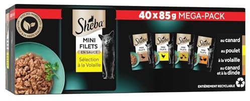SHEBA Mini Filets – Frischebeutel in Sauce, Auswahl mit Geflügel für ausgewachsene Katzen – 40 x 85 g