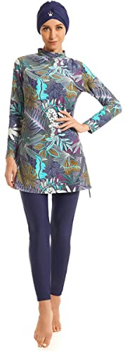 Burkini Damen Muslim Frauen Muslimische Badeanzug Modest Bademode Islamisch Arabisch Jilbab Langarm Schwimmoberteile Built in Bra+Schwimmhose+Hijab 3tlg Full Cover Schwimmanzug Navy Blau Blätter 2XL