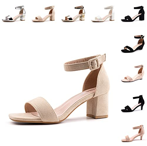 Hitmars Womens Sandals Summer Open Toe Heel Ankle Strap Sandals Ladies Adjustable Buckle Comfy Walking Pumps Chunky Block Heel 6cm 1-Khaki UK5(EU38)