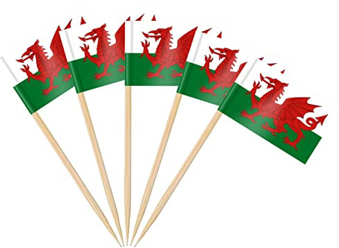 AhfuLife 100 Stück Wales Zahnstocher Flagge für St. David's Day Deko, Walisische Deko Fahne Klein Mini Zahnstocher Flagge für EM Eurovision WM Rugby Cupcake Topper Toothpick Cocktail Party Pub Deko