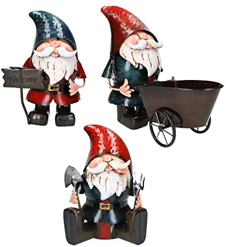 AB Tools Handbemaltes Metall-Gartenzwerg-Set für Zuhause, Garten, Geschenk, 3 Stück