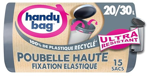 Handy Bag - Sacs poubelle haute à fixation élastique 20L/30L x 15 sacs - Maintient le sac en place - Ultra Résistant -Film triple épaisseur - Étanchéité maximale - 100% plastique recyclé