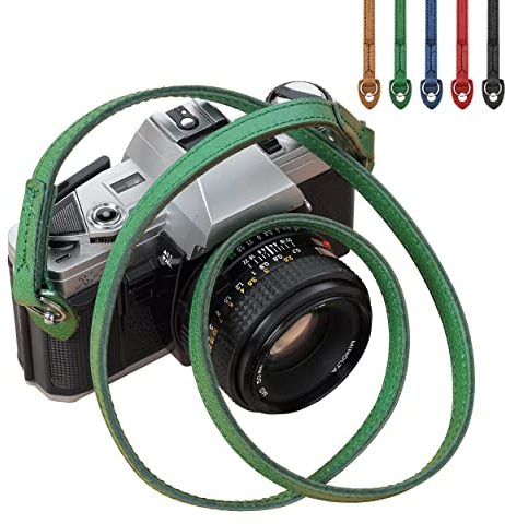 PADWA Green Genuine Leather Minimalist Camera Strap - 0.43 Double Layer Soft Cowhide Stitching,Minimalist Camera Straps for Mirrorless Digital Camera,Great Gift for Men & Women Photographers