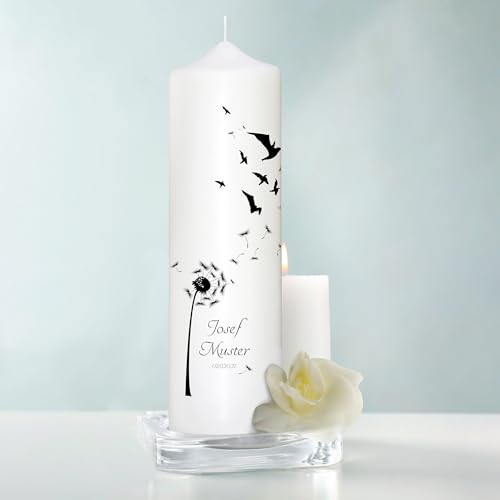 Wandtattoo Loft Trauerkerze personalisiert mit Namen und Datum, Motiv mit Pusteblume und Vögeln, 25cm x 7cm, personalisierte Trauerkerze, Kondolenzkerze, Beileidskerze, Trauerlicht, Grabkerze