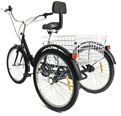 Futchoy 24 Zoll Klapprad Dreirad für Erwachsene Klappbar 7 Gang Tricycle Radfahren Sattel mit Rückenlehne & Einkaufskorb für Erwachsene und ältere Menschen (Nicht Klappbar,2X Korb)