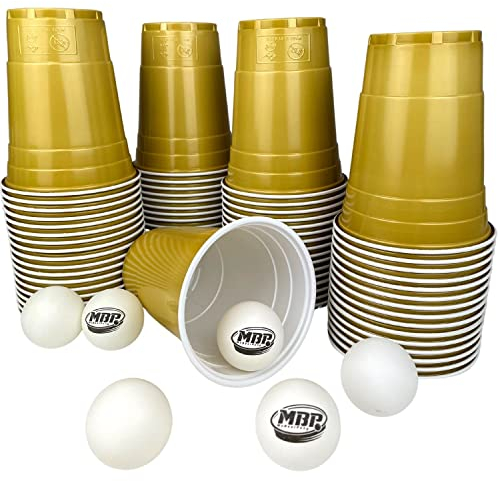 MYBEERPONG® Goldenes Bierpong Becher Set | 100 Gold Cups + 6 Beer Pong Bälle | 16 oz (~ 0,5 l) | Party Becher für Feier, Festival & als Geschenk