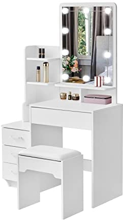 LEMROE Hollywood Dressing Table with LED Mirror and Stool, Faux Leather Makeup Table with 7 Shelves and 4 Drawers Vanity Dresser for Women Girls, Modern Bedroom Furniture (4 Drawers)