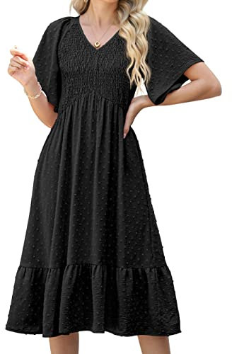 GRECERELLE Womens Summer Casual Midi Maxi Dress V Neck Flared Sleeve Elastic Waist Cocktail Long Dresses for Women (Black, S)