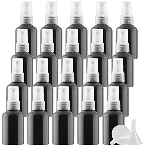 PQPAUTY 50 Piezas Pequeño 50ml Botella de Spray Plástico PET Vacías Negro bar con Bomba en Spray Transparente de Niebla Atomizador para Perfume Viaje Artículos de Agua Cosmético, 6 Piezas Embudo