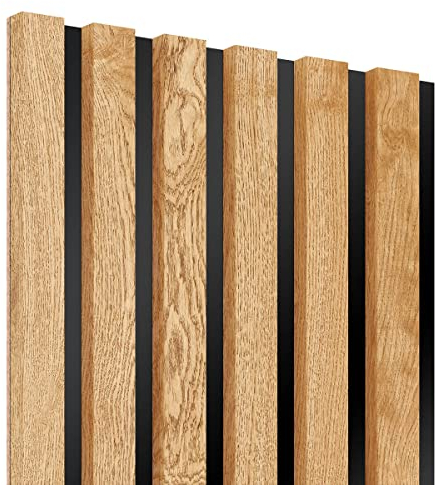 KLEMP Wandpaneele – Lamellenleisten aus MDF auf HDF Platte 30x275 cm, Wandverkleidung zur Montage mit Kleber oder Klebeband auf schwarzem Untergrund 4er-set Eichenfurnier