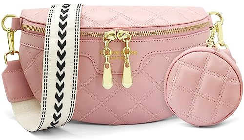 HNOOM Crossbody Bag Damen Breiter Gurt Bauchtasche Damen Leder Brusttasche mit Münze Geldbeutel, Moderne Taschen mit Breitem Schultergurt, Umhängetasche Damen Klein Handytasche (A-Rosa)