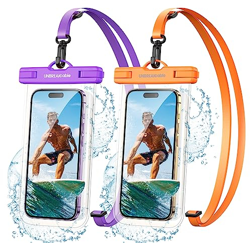 UNBREAKcable Waterproof Phone Pouch, IPX8 Universal Waterproof Phone Case Dry Bag with Lanyard for iPhone 14 13 12 11 Pro Max XR X XS SE 8 Plus Samsung S23 S22 Ultra S21 S10 up to 7, Orange + Purple
