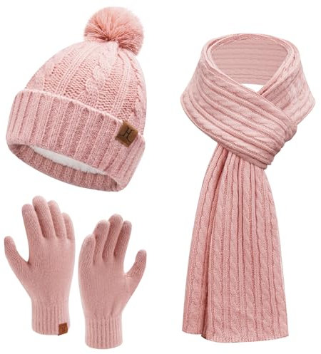 Bequemer Laden Damen Winter Warm Beanie Mütze Touchscreen Handschuhe Lang Schal Set mit Fleece Gefüttert, Thermo Wintermütze Strickmütze mit Bommel Schals Winterhandschuhe Frauen Geschenk, Rosa