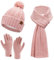 Bequemer Laden Damen Winter Warm Beanie Mütze Touchscreen Handschuhe Lang Schal Set mit Fleece Gefüttert, Thermo Wintermütze Strickmütze mit Bommel Schals Winterhandschuhe Frauen Geschenk, Rosa