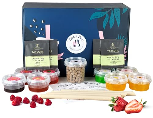Pink Paradise - Kit de thé aux bulles de fruits | 4 saveurs de thé aux fruits | 4 - Garnitures de Boba et de gelée | Végétalien et sans gluten (4 personnes) | Thé aux perles de tapioca