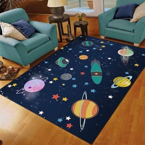 Teppiche Gegend 160 x 230cm, Universum Planet Galaxie Kinderzimmer Teppiche, Rakete Raumschiff Sterne Kinder Klassenzimmer Teppich, Schützen Bodenbelag Für Wohnzimmer Schlafzimmer Zimmer Kinderzimmer