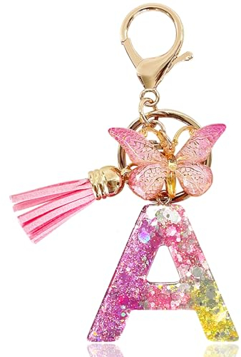 Yanmucy Buchstaben Schlüsselanhänger Mädchen Ringe Lila Niedlich Schlüsselanhänger Glitzer mit Schmetterling Quasten Harz Keychain Aesthetic für Tasche Charme Frauen Mädchen Tasche Dec (A)