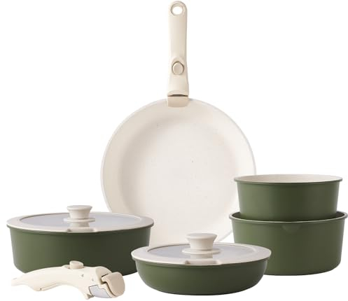 RIOVARM Induction Batterie de cuisine avec Poignées Détachables, Empilables Antiadhésive Granit Sets de poêles et casseroles avec Couvercles, Peu encombrant Poêle à frire Sans PFOA