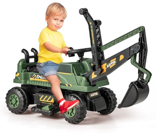 Maxmass Kids Ride On Digger, 6V Battery Powered Electric Excavator with Adjustable Arm & Shovel, LED Lights, Music, Children Construction Toy Car for 3+ Years Old (Olivegreen)