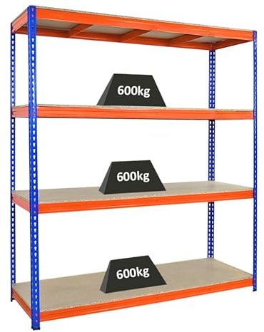 PROREGAL Profi Schwerlastregal Bison, HxBxT 200x180x60cm mit Fachlast 600kg, 4 Fachböden, Blau-Orange, Steckregal Garagenregal Lagerregal Werkstattregal Weitspannregal