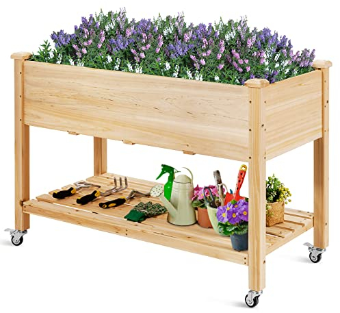 COSTWAY Hochbeet mit Ablage & Rollen, Erhöhtes Gartenbeet aus Holz, Pflanzkasten mit feststellbaren Rädern & Abdeckfolie, Gemüsebeet Kräuterbeet groß, für Balkon Garten Terrasse, 120 x 59 x 84 cm