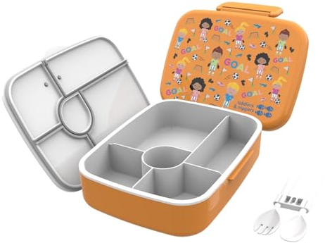 tiddlers & nippers 5 Compartment Lunch/Bento Box for Kids & Adults! | Includes Reusable Cutlery - Fork & Spoon | Leak-Proof & BPA-Free | Microwave, Freezer & Dishwasher Safe (Football Fun)