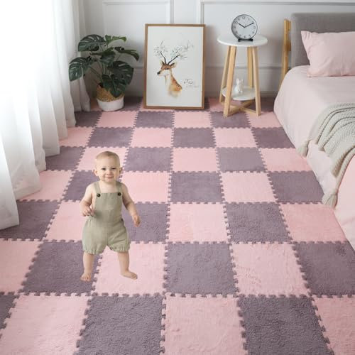 Gsogcax 10PCS Foam Play Mats for Floor 30x30cm Rugs for Living Room Soft Shaggy Rug Baby Large Interlocking Foam Play Mat Carpet Squares Anti-Skid Floor Carpet - Light Pink