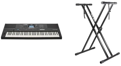 YAMAHA PSR-EW425 Digital Keyboard - Versatile, Portable & RockJam XX-363 Xfinity Doublebraced Pre Assembled Keyboard Stand with Locking Straps & Lessons.,Black