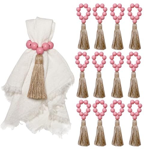 Set di 12 portatovaglioli in legno, con perline di legno, elastici con nappa, portatovaglioli bohémien, per decorazione della tavola, diserbo, cena, festa (rosa)