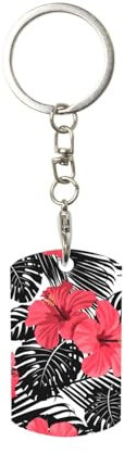 BeNtli Rechteckiger Metall-Schlüsselanhänger, Metall-Schlüsselanhänger, Autoschlüsselanhänger, Ringhalter, 1 Stück,Roter Hibiskus