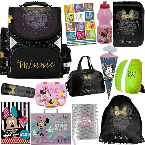 Goldkids - Schulranzen für Jungen und Mädchen, 13er-Set - Schul-Rucksack für Kinder mit Federmäppchen - Schuhbeutel, Brotdose, Trinkflasche und Hausaufgabenheft - Minnie Maus Motiv - 1-3 Klasse